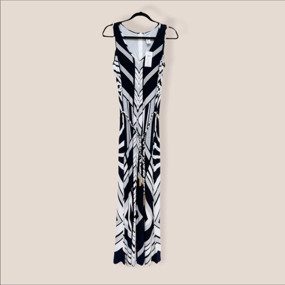 NWT Cache Maxi Dress Blue and White Geometric Pattern W Gold Accent Tassel Belt